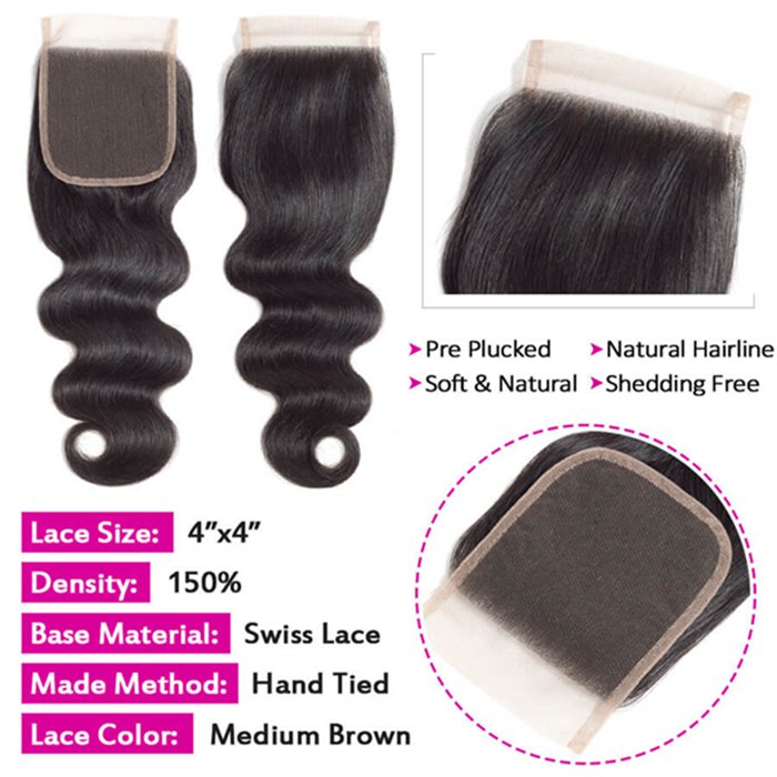 Body Wave Hair 4x4 Lace Closure Natural Color 100% Human Hair